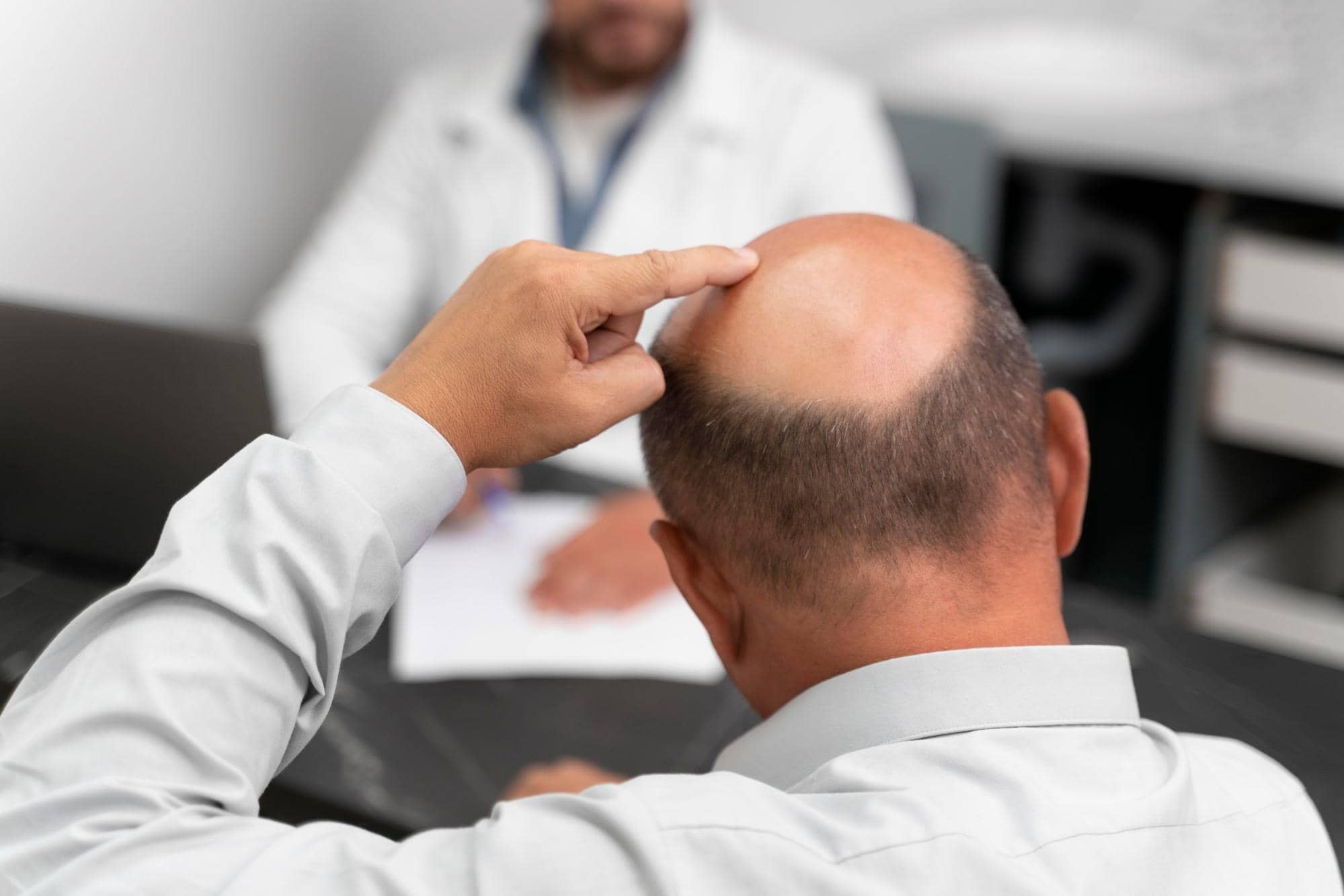 An SMP specialist examines hair thinning and baldness before treatment.