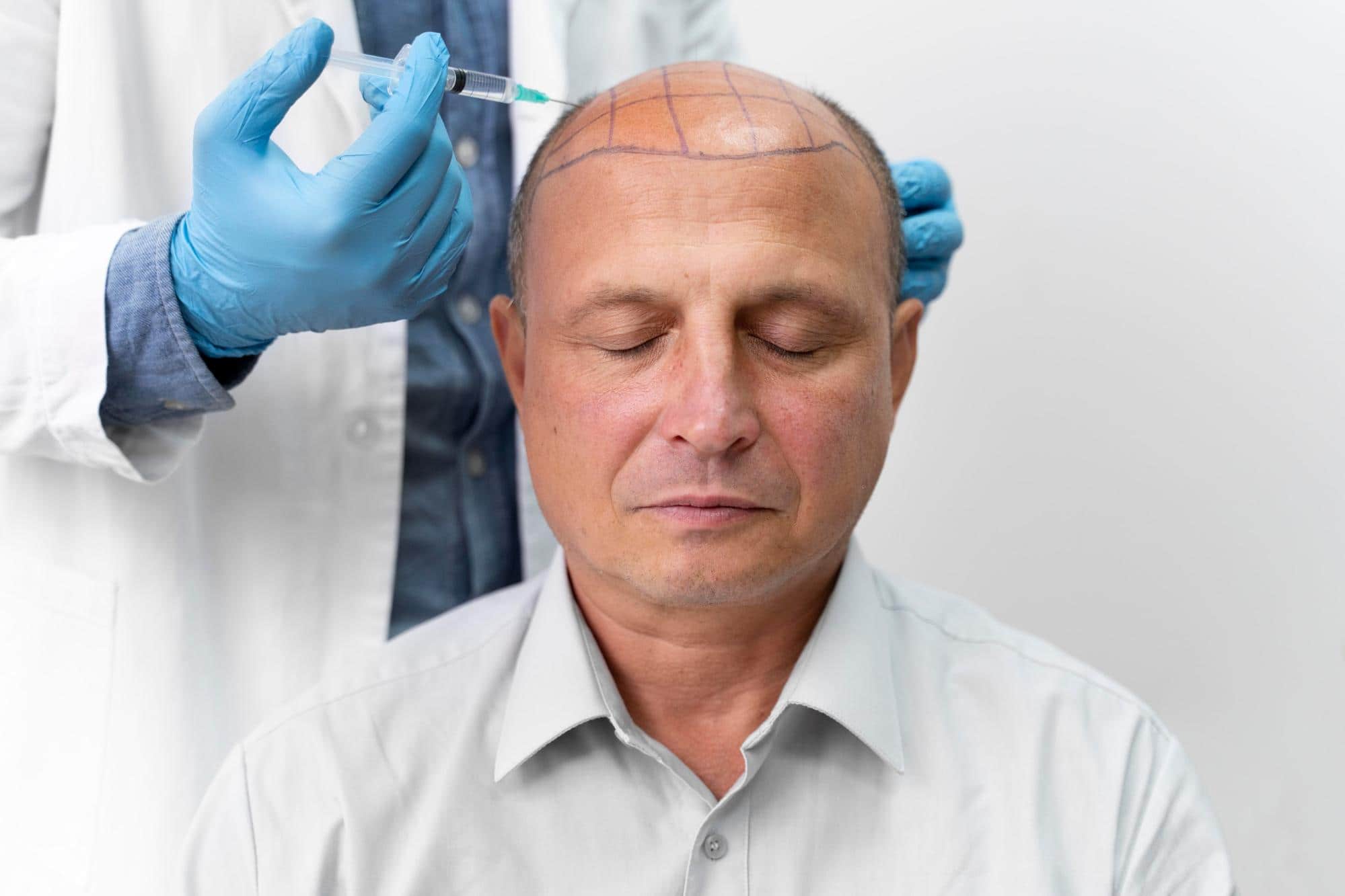 Hair transplant consultation with scalp micropigmentation planning.