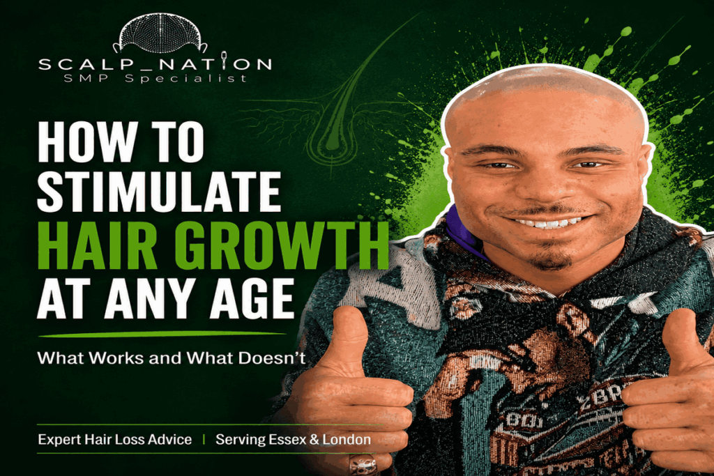 Man smiling after successful hair loss treatment while learning how to stimulate hair growth at any age