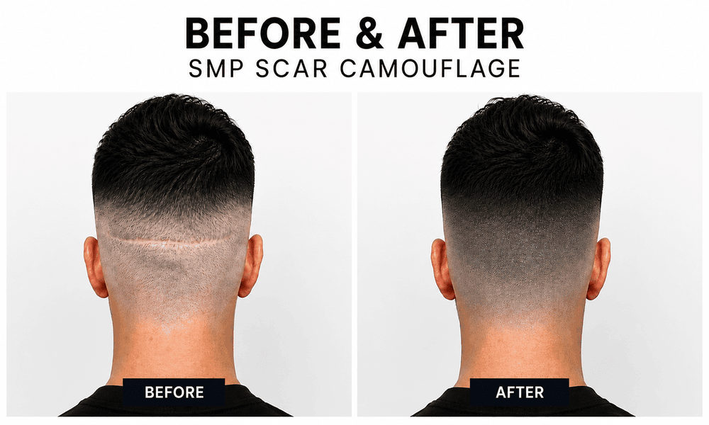Before and after SMP scar camouflage results