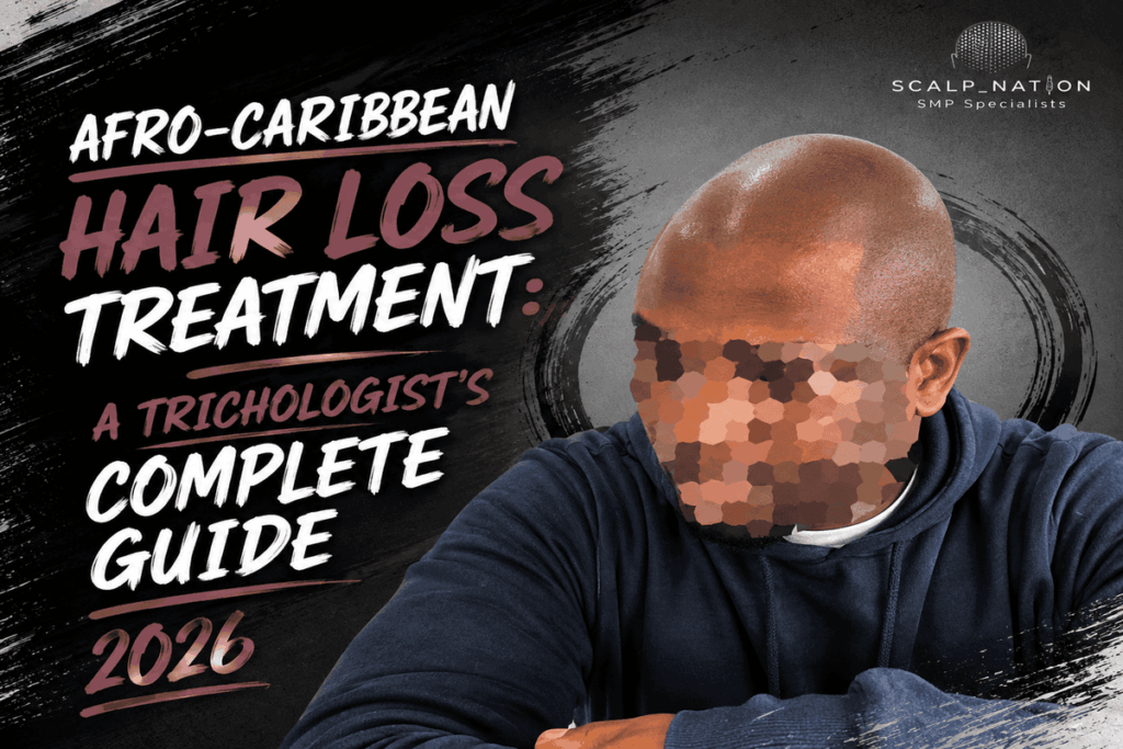 Afro-Caribbean hair loss treatment for a man with scalp micropigmentation