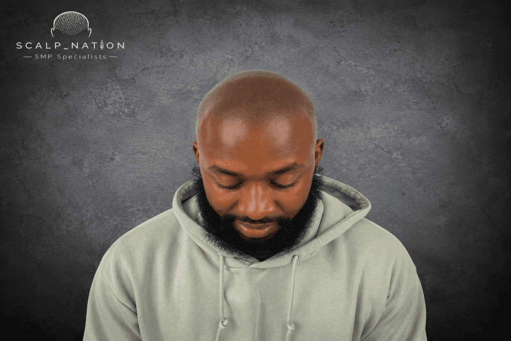 Black male hair loss camouflaged with SMP